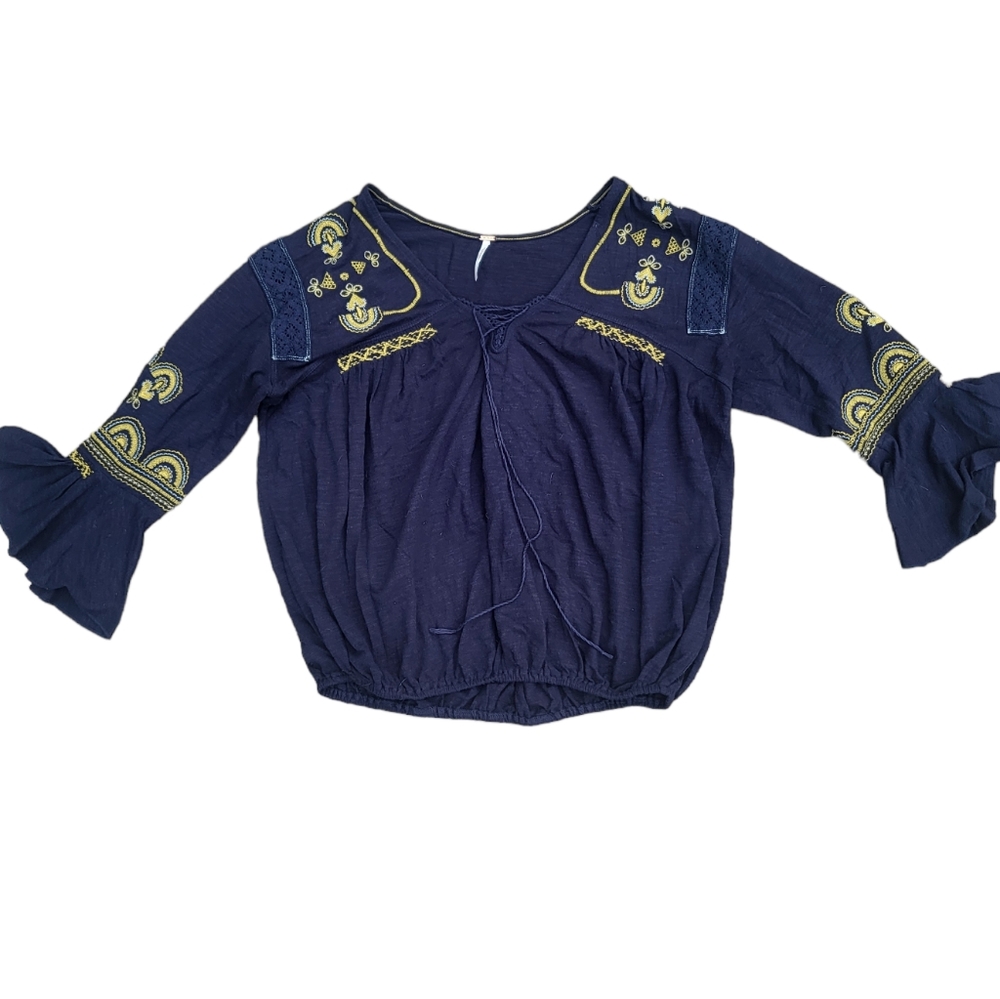 Free People Navy Blue And Yellow Boho Embroidered Flair Sleeve Top Size Medium